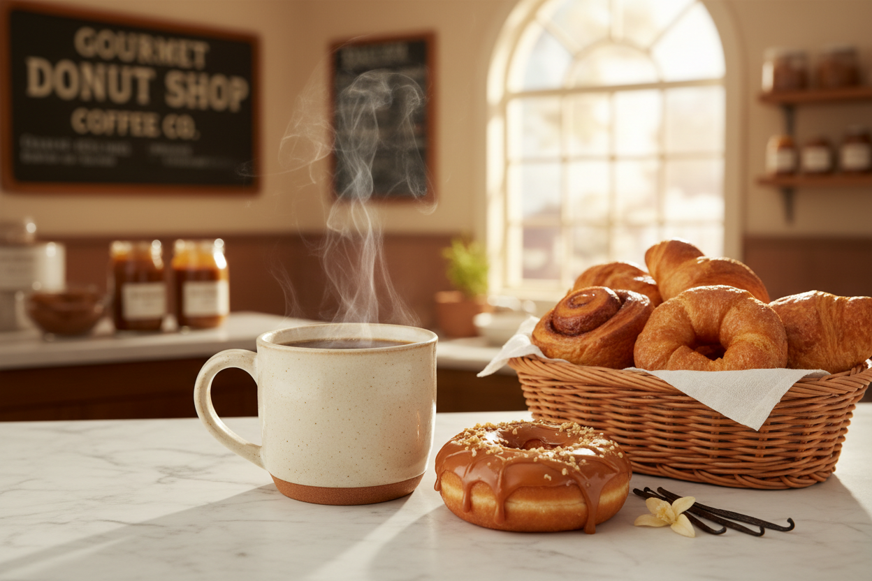 Gourmet Donut Shop coffee — cozy mug with glazed donut and pastries in warm bakery morning light