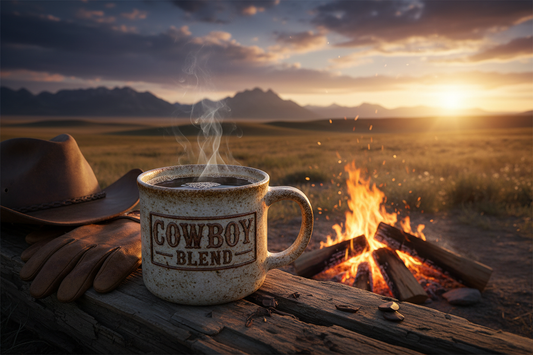 Cowboy Blend coffee — steaming mug by a campfire with American West plains and golden hour sky