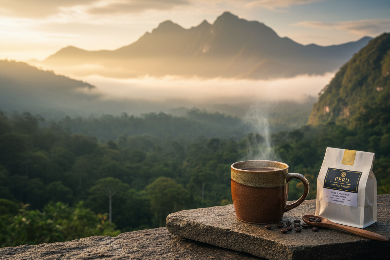 Peru Single Origin Coffee — steaming mug with misty Andean mountains and Amazon rainforest backdrop