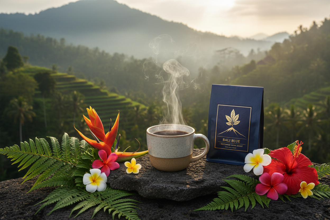 Bali Blue Single Origin Coffee — steaming mug with tropical Kintamani jungle and volcanic mountain backdrop
