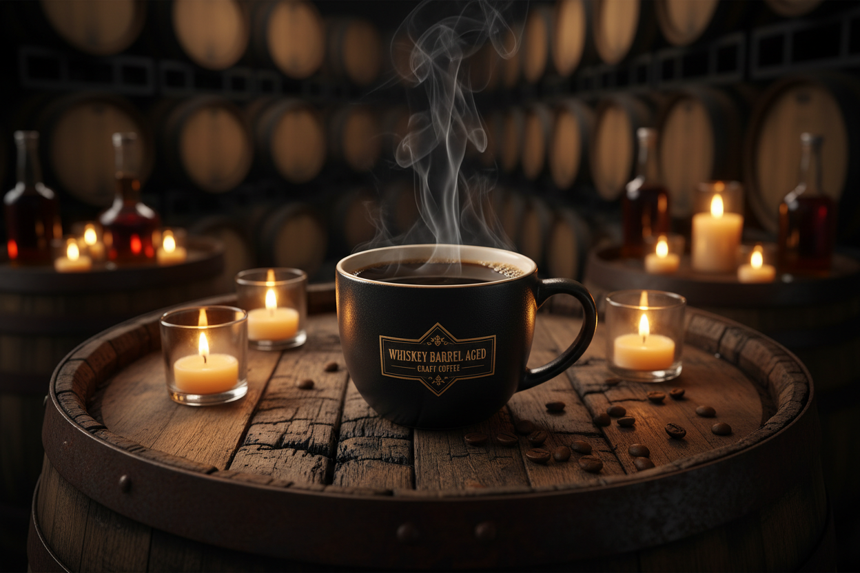 Whiskey Barrel Aged Coffee — steaming mug on a charred oak barrel in a dimly lit distillery with amber candlelight