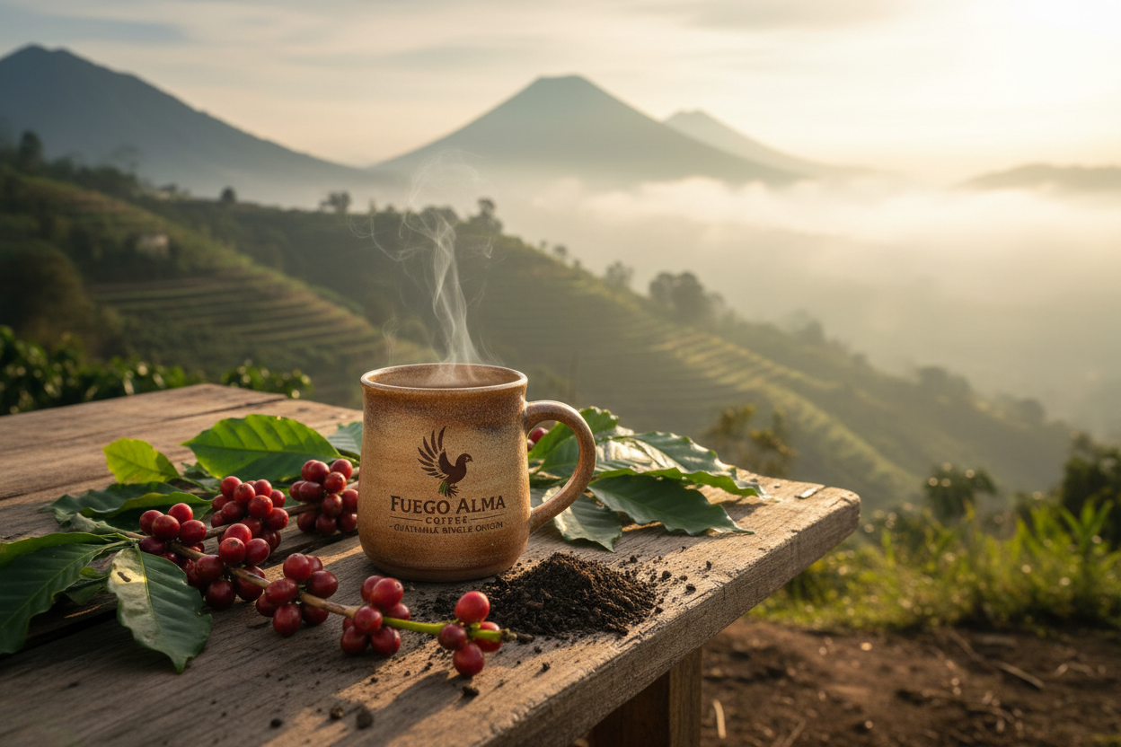 Guatemala Single Origin Coffee — steaming mug with misty highland mountains and volcanic landscape