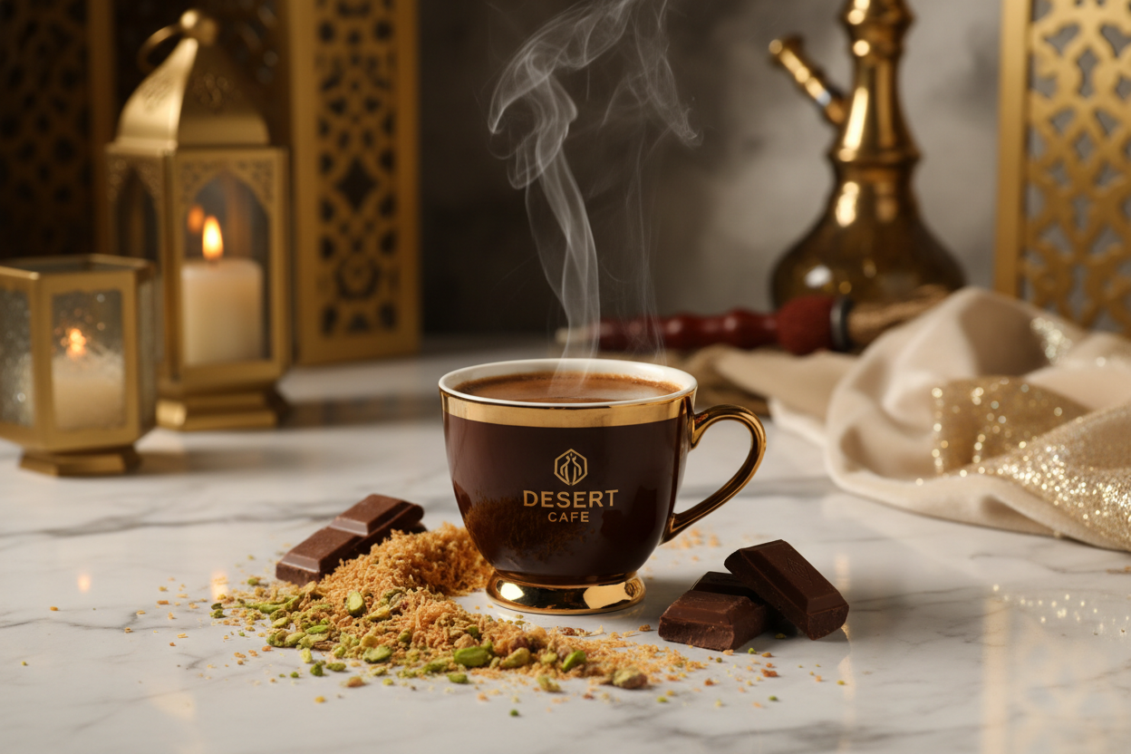 Dubai Chocolate Flavored Coffee — gold-rimmed cup with pistachios and kataifi in a luxurious setting