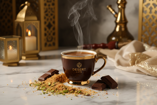 Dubai Chocolate Flavored Coffee — gold-rimmed cup with pistachios and kataifi in a luxurious setting