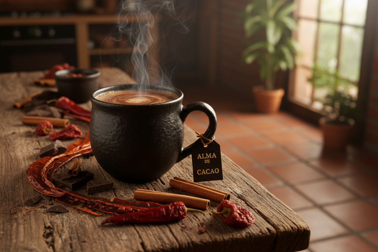 Mexican Chocolate Flavored Coffee — dark mug with chocolate, cinnamon sticks and chili peppers on terracotta tiles