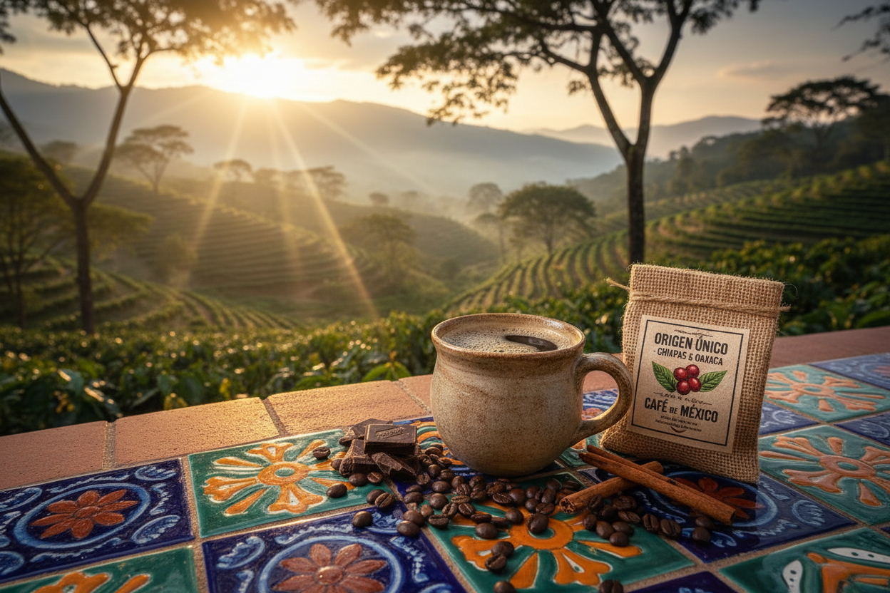 Mexico Single Origin Coffee — steaming mug with Chiapas coffee plantation and colorful Mexican tiles